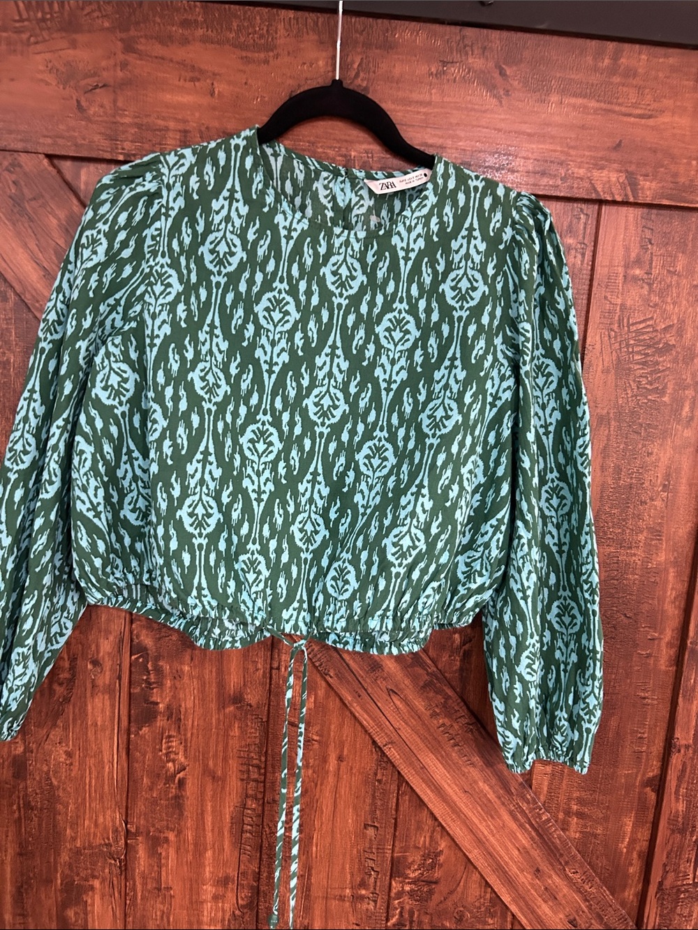Zara Teal and Olive Patterned Long-Sleeve Crop Blouse